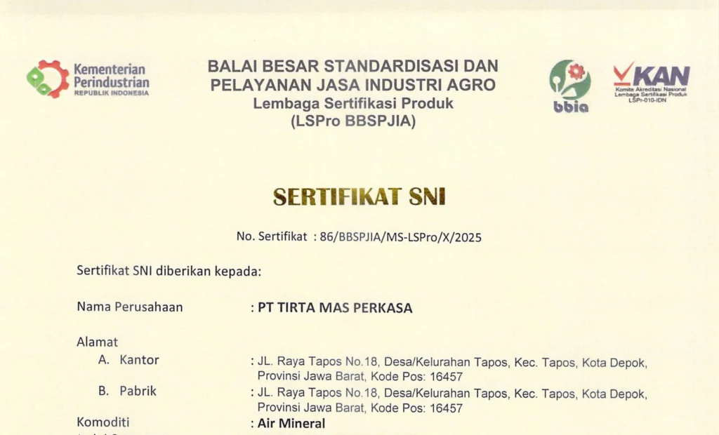 TMP TAPOS - SERTIFIKASI SNI 2025 (SANQUA, J&R, TONJO)